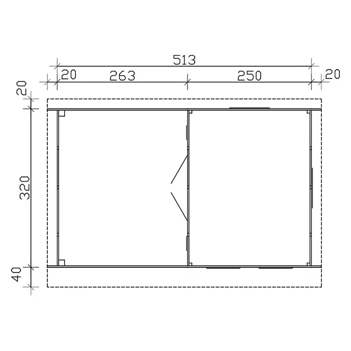 SKAN HOLZ Gartenhaus Dilbeek - Außenmaß inkl. Dachüberstand (B x T): 553 x 380 cm, Holz, Natur - Grundrissplan eines rechteckigen Gebäudes mit Innenwand und Maßen.