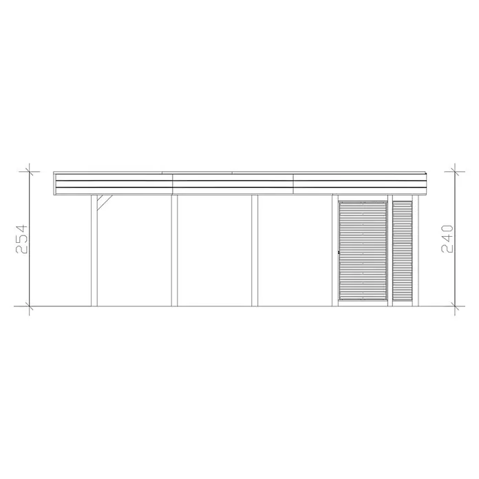 SKAN HOLZ Carport - Außenmaß inkl. Dachüberstand (B x T): 5,57 x 7,08 m, Doppelcarport, KDI Grün - Strichzeichnung einer Überdachung mit Pfosten, einer Lamellen-Seitenwand und Dach, inklusive Höhenangaben.