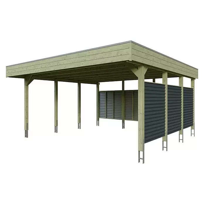 SKAN HOLZ Carport - Außenmaß inkl. Dachüberstand (B x T): 5,57 x 5,55 m, Doppelcarport, KDI Grün - Offener Holzcarport mit Flachdach und dunkelgrauen Wellblech-Seitenwänden.