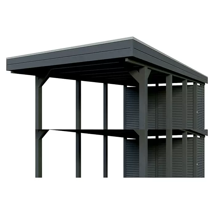 SKAN HOLZ Carport Friesland Hybrid Set 12 - Außenmaß inkl. Dachüberstand (B x T): 3,14 x 7,08 m, Einzelcarport, Anthrazit - Modernes dunkelgraues zweistöckiges Outdoor-Gebäude mit offener Seite und Lamellenwänden.
