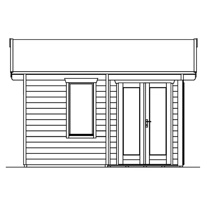 SKAN HOLZ Gartenhaus Utrecht - Außenmaß inkl. Dachüberstand (B x T): 520 x 440 cm, Holz, Natur - Strichzeichnung einer Schuppenfassade mit horizontaler Verkleidung, einem Fenster und Doppeltüren.