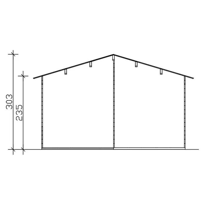 SKAN HOLZ Gartenhaus Utrecht - Außenmaß inkl. Dachüberstand (B x T): 520 x 440 cm, Holz, Natur - Querschnitt eines Gebäudegerüsts mit Satteldach, Wandhöhe 235 und Gesamthöhe 303.