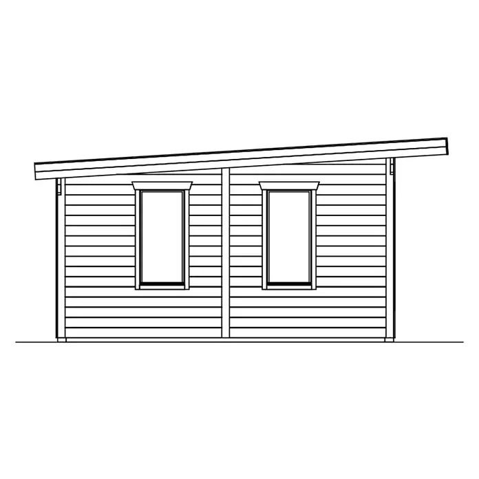 SKAN HOLZ Gartenhaus Arnheim - Außenmaß inkl. Dachüberstand (B x T): 720 x 539 cm, Holz, Natur - Strichzeichnung eines Schuppens mit Pultdach, horizontaler Verkleidung und zwei rechteckigen Fenstern.