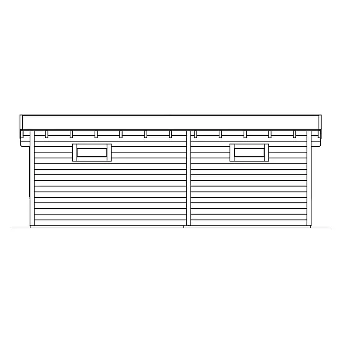 SKAN HOLZ Gartenhaus Arnheim - Außenmaß inkl. Dachüberstand (B x T): 720 x 539 cm, Holz, Natur - Strichzeichnung einer Schuppenfassade mit horizontaler Verkleidung, zwei rechteckigen Fenstern und Dachüberstand.