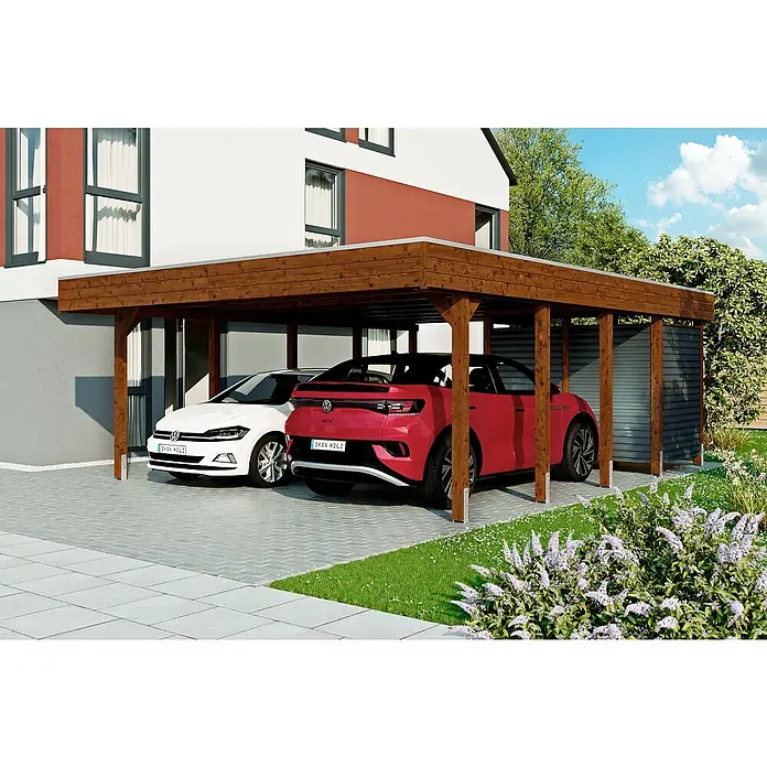 SKAN HOLZ Carport - Außenmaß inkl. Dachüberstand (B x T): 5,57 x 7,08 m, Doppelcarport, Nussbaum - Carport aus Holz mit zwei geparkten Autos.