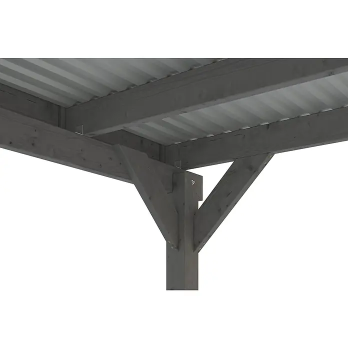 SKAN HOLZ Carport - Außenmaß inkl. Dachüberstand (B x T): 5,57 x 5,55 m, Doppelcarport, Schiefergrau - Nahaufnahme eines grauen Holzpavillons mit Metalldach und stützender Holzstruktur.