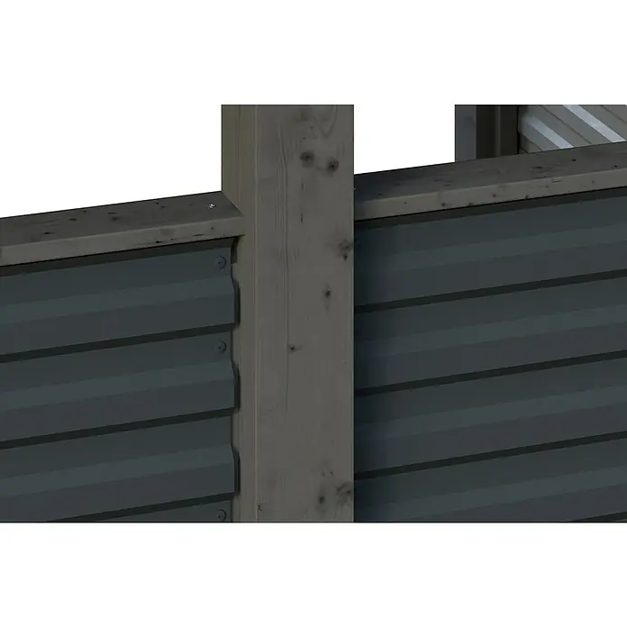 SKAN HOLZ Carport - Außenmaß inkl. Dachüberstand (B x T): 5,57 x 5,55 m, Doppelcarport, Schiefergrau - Detailansicht einer grauen Holzwand mit horizontalen Lamellen und einem vertikalen Stützpfosten.