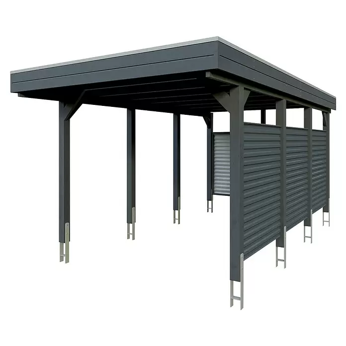 SKAN HOLZ Carport Friesland Hybrid Set 11 - Außenmaß inkl. Dachüberstand (B x T): 3,14 x 5,55 m, Einzelcarport, Anthrazit, Mit Rück- und Seitenwand - Dunkelgraues Holz-Carport mit Seitenwänden und Flachdach, gestützt durch Metallpfostenfüße.