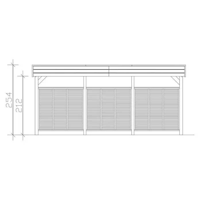 SKAN HOLZ Carport - Außenmaß inkl. Dachüberstand (B x T): 5,57 x 5,55 m, Doppelcarport, Schiefergrau - Linienzeichnung eines Outdoor-Unterstands mit Lamellenwänden und Dach, zeigt Höhenmaße 254 und 212.