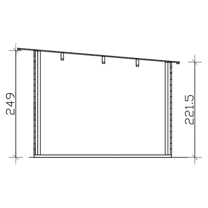 SKAN HOLZ Gartenhaus Dilbeek - Außenmaß inkl. Dachüberstand (B x T): 553 x 380 cm, Holz, Natur - Technische Zeichnung: Querschnitt einer Struktur mit Pultdach, Höhen 249 (links) und 221,5 (rechts).
