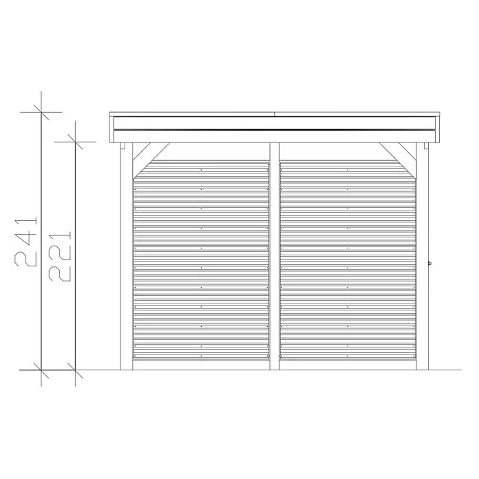 SKAN HOLZ Carport Friesland Hybrid Set 12 - Außenmaß inkl. Dachüberstand (B x T): 3,14 x 7,08 m, Einzelcarport, KDI Grün - Technische Zeichnung eines Holz-Doppeltorunterstands mit Lamellen. Maße 241 und 221.