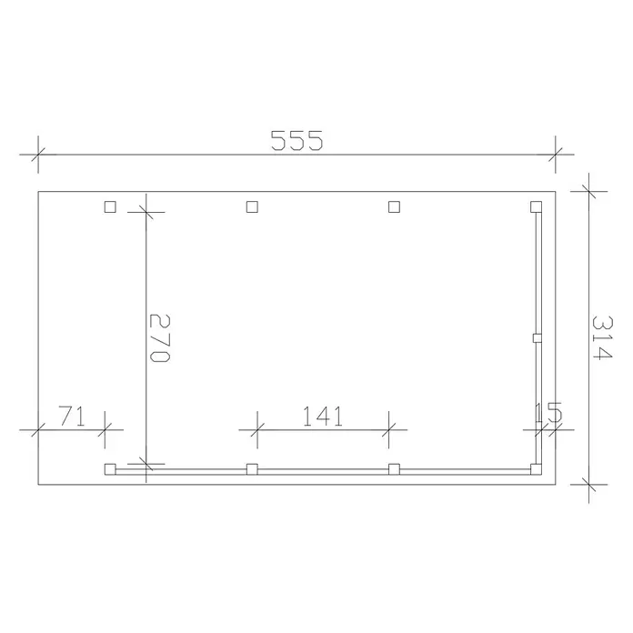 SKAN HOLZ Carport Friesland Hybrid Set 11 - Außenmaß inkl. Dachüberstand (B x T): 3,14 x 5,55 m, Einzelcarport, KDI Grün, Mit Rück- und Seitenwand - Maßzeichnung eines rechteckigen Plans mit Gesamtlänge 555, Breite 314 und internen Maßen.