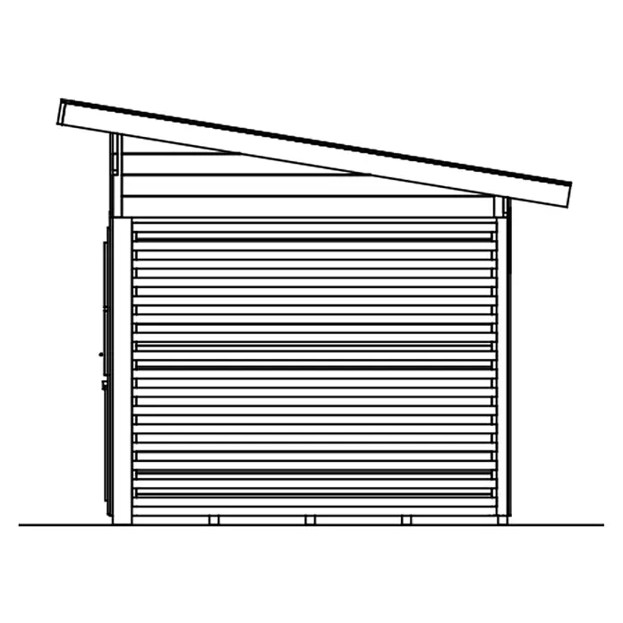 SKAN HOLZ Gartenhaus Namur - Außenmaß inkl. Dachüberstand (B x T): 750 x 315 cm, Holz, Natur - Strichzeichnung eines Geräteschuppens mit Pultdach und horizontalen Lattenwänden.