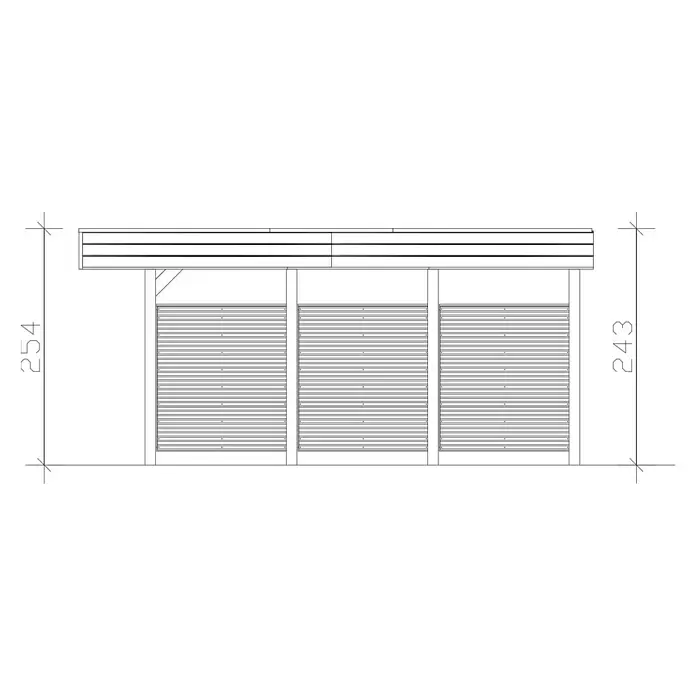 SKAN HOLZ Carport - Außenmaß inkl. Dachüberstand (B x T): 5,57 x 5,55 m, Doppelcarport, Schiefergrau - Vorderansicht einer dreiteiligen Überdachung mit Lamellenwänden und Flachdach, inklusive Maße.
