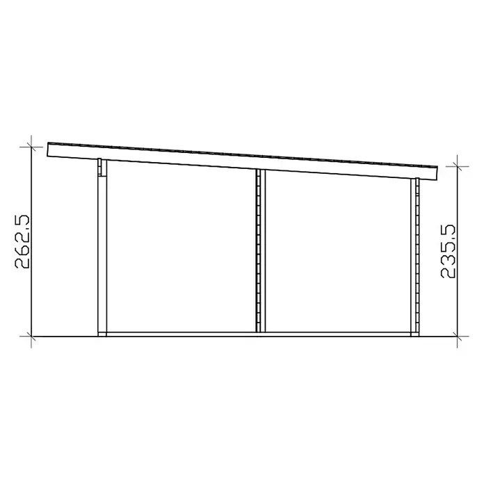 SKAN HOLZ Gartenhaus Arnheim - Außenmaß inkl. Dachüberstand (B x T): 720 x 539 cm, Holz, Natur - Seitenansicht-Blaupause eines Pultdachschuppens mit Höhen von 262,5 und 235,5 Einheiten.