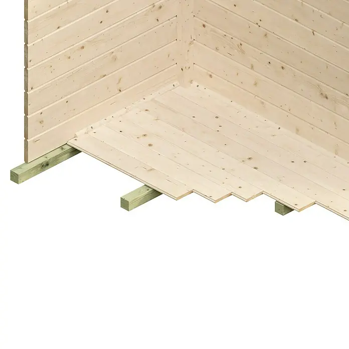 SKAN HOLZ Gartenhaus Dilbeek - Außenmaß inkl. Dachüberstand (B x T): 553 x 380 cm, Holz, Natur - Detailaufnahme eines Holzbodens im Bau, der auf grünen Balken ruht und die Konstruktion eines Blockhauses zeigt.
