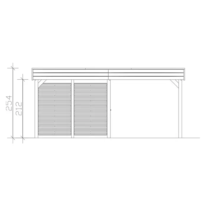 SKAN HOLZ Carport - Außenmaß inkl. Dachüberstand (B x T): 5,57 x 7,08 m, Doppelcarport, KDI Grün - Strichzeichnung einer Flachdach-Pergola mit Lamellenwänden, zeigt Höhenmaße 254 und 212.