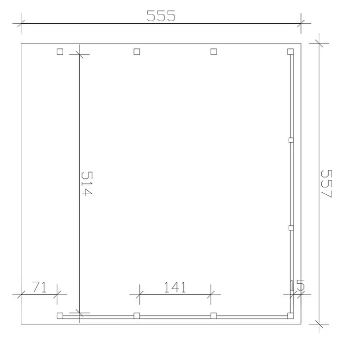 SKAN HOLZ Carport - Außenmaß inkl. Dachüberstand (B x T): 5,57 x 5,55 m, Doppelcarport, Schiefergrau - Technischer Plan eines L-förmigen Grundrisses mit Maßen.