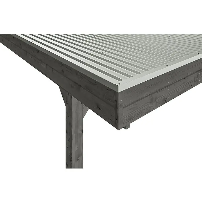 SKAN HOLZ Carport Friesland Hybrid Set 11 - Außenmaß inkl. Dachüberstand (B x T): 3,14 x 5,55 m, Einzelcarport, Schiefergrau, Mit Rück- und Seitenwand - Nahaufnahme eines modernen Holzpavillons mit grauem, gewelltem Metalldach und stabilen Holzstützen.