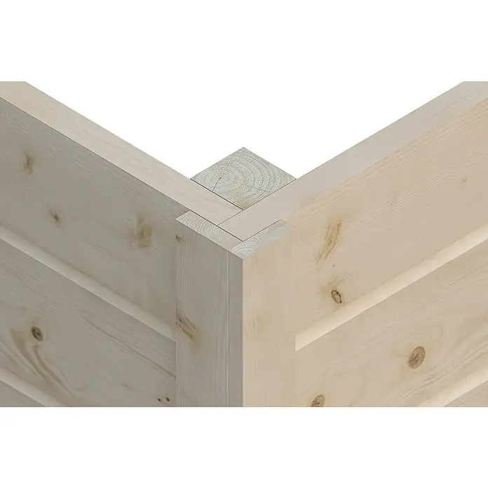SKAN HOLZ Gartenhaus Dilbeek - Außenmaß inkl. Dachüberstand (B x T): 553 x 380 cm, Holz, Natur - Detailaufnahme einer Eckverbindung aus hellem Holz, die die präzise Verarbeitung und die natürliche Maserung hervorhebt.