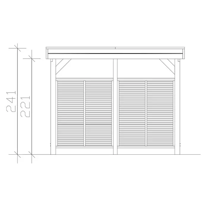 SKAN HOLZ Carport Friesland Hybrid Set 11 - Außenmaß inkl. Dachüberstand (B x T): 3,14 x 5,55 m, Einzelcarport, KDI Grün, Mit Rück- und Seitenwand - Architekturzeichnung einer Pergola mit zwei Lamellen-Seitenwänden und Flachdach.