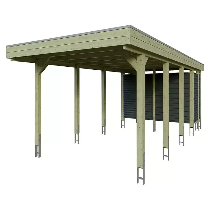 SKAN HOLZ Carport Friesland Hybrid Set 12 - Außenmaß inkl. Dachüberstand (B x T): 3,14 x 7,08 m, Einzelcarport, KDI Grün - Heller Holzcarport mit dunkelgrauer Seitenwand und Metallpfostenankern.
