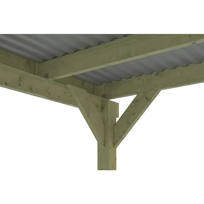 SKAN HOLZ Carport Friesland Hybrid Set 11 - Außenmaß inkl. Dachüberstand (B x T): 3,14 x 5,55 m, Einzelcarport, KDI Grün, Mit Rück- und Seitenwand - Nahaufnahme einer Holzpfostenkonstruktion, die ein stabiles und modernes Design für eine Überdachung oder Pergola zeigt.