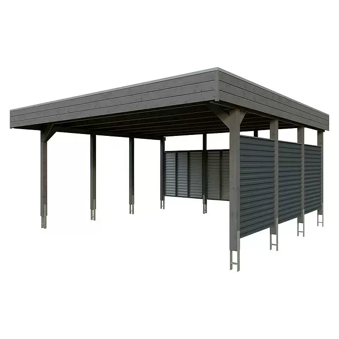 SKAN HOLZ Carport - Außenmaß inkl. Dachüberstand (B x T): 5,57 x 5,55 m, Doppelcarport, Schiefergrau - Graues Holz-Carport mit Flachdach und Wellblech-Seitenwänden für den Außenbereich.