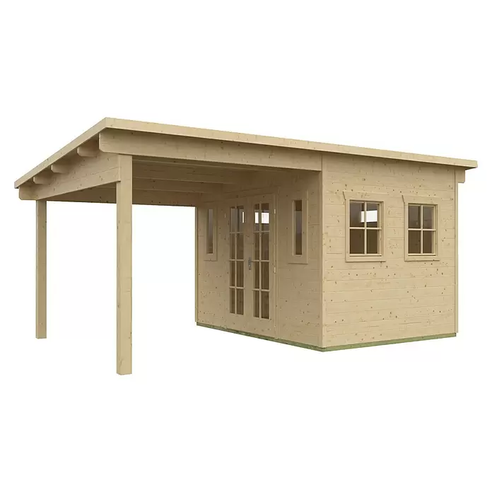 SKAN HOLZ Gartenhaus Dilbeek - Außenmaß inkl. Dachüberstand (B x T): 553 x 380 cm, Holz, Natur - Gartenhaus aus Naturholz mit Doppeltüren, Fenstern und integriertem Carport.