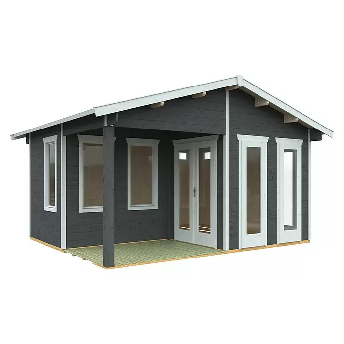 SKAN HOLZ Gartenhaus Utrecht - Außenmaß inkl. Dachüberstand (B x T): 520 x 440 cm, Holz, Schiefergrau - Dunkelgraues Holz-Gartenhaus mit weißen Fenster- und Türrahmen sowie einer hellgrünen Terrasse.