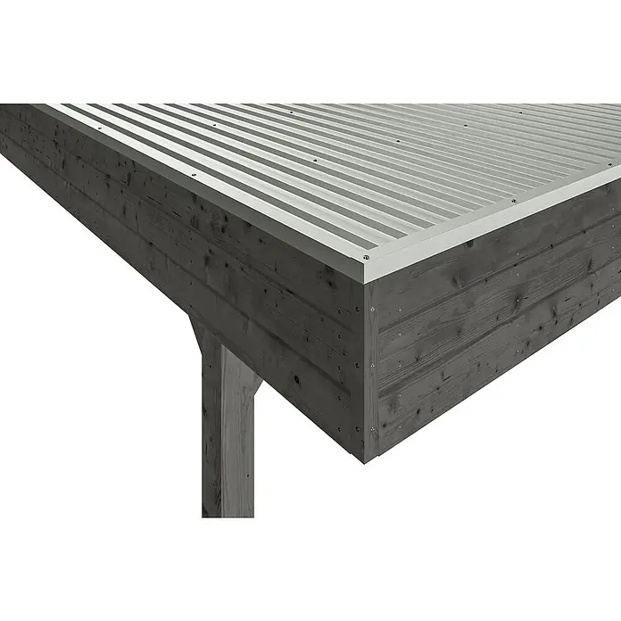 SKAN HOLZ Carport - Außenmaß inkl. Dachüberstand (B x T): 5,57 x 5,55 m, Doppelcarport, Schiefergrau - Detailansicht eines Holzcarports mit grauem Wellblechdach und stabilen Holzpfosten. Die Bauweise ist modern und funktional.