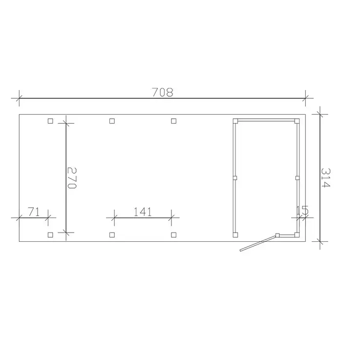 SKAN HOLZ Carport Friesland Hybrid Set 12 - Außenmaß inkl. Dachüberstand (B x T): 3,14 x 7,08 m, Einzelcarport, KDI Grün - Grundriss mit Maßen: Gesamt 708x314, innen 270, 71, 141, 15. Zeigt Raumaufteilung und Strukturelemente.