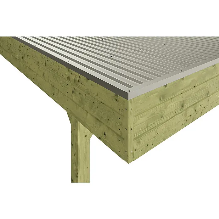 SKAN HOLZ Carport - Außenmaß inkl. Dachüberstand (B x T): 5,57 x 5,55 m, Doppelcarport, KDI Grün - Detailansicht einer Holzkonstruktion mit einem Dach aus Metall, befestigt mit Schrauben. Zeigt die Bauweise und Materialien.