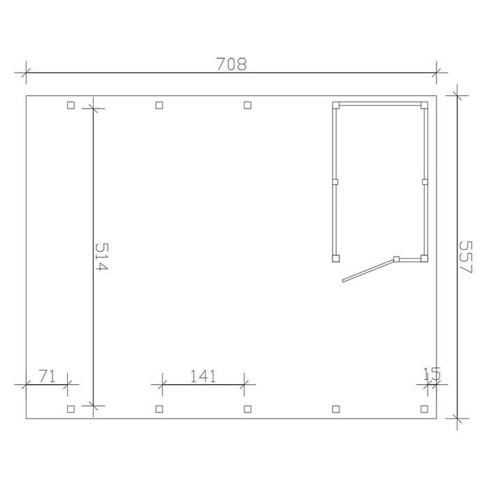 SKAN HOLZ Carport - Außenmaß inkl. Dachüberstand (B x T): 5,57 x 7,08 m, Doppelcarport, KDI Grün - Grundrisszeichnung mit Hauptmaßen 708x557, zeigt Raumaufteilung, Tür und Innenmaße.