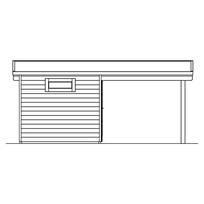 SKAN HOLZ Gartenhaus Dilbeek - Außenmaß inkl. Dachüberstand (B x T): 553 x 380 cm, Holz, Natur - Strichzeichnung eines Schuppens oder Carports mit horizontaler Verkleidung, kleinem Fenster und großer offener Bucht.
