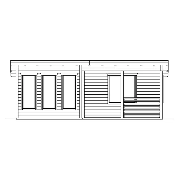 SKAN HOLZ Gartenhaus Arnheim - Außenmaß inkl. Dachüberstand (B x T): 720 x 539 cm, Holz, Natur - Schwarz-weiße Strichzeichnung eines hölzernen Gartenhauses oder einer Hütte mit horizontaler Verkleidung und mehreren Fenstern.