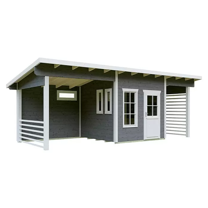 SKAN HOLZ Gartenhaus Namur - Außenmaß inkl. Dachüberstand (B x T): 750 x 315 cm, Holz, Schiefergrau - Dunkelgraues Holzgartenhaus mit weißer Verkleidung, integriertem Anbau, Fenstern und Tür.