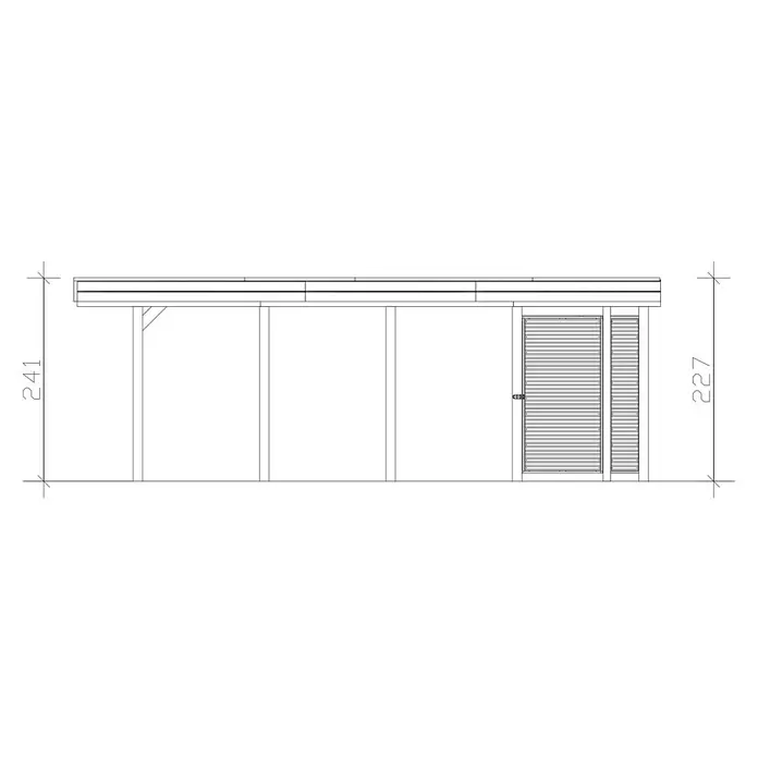 SKAN HOLZ Carport Friesland Hybrid Set 12 - Außenmaß inkl. Dachüberstand (B x T): 3,14 x 7,08 m, Einzelcarport, KDI Grün - Technische Zeichnung eines Anlehn-Unterstands mit Pfosten, Dach und Lamellentür, mit Höhenmaßen.