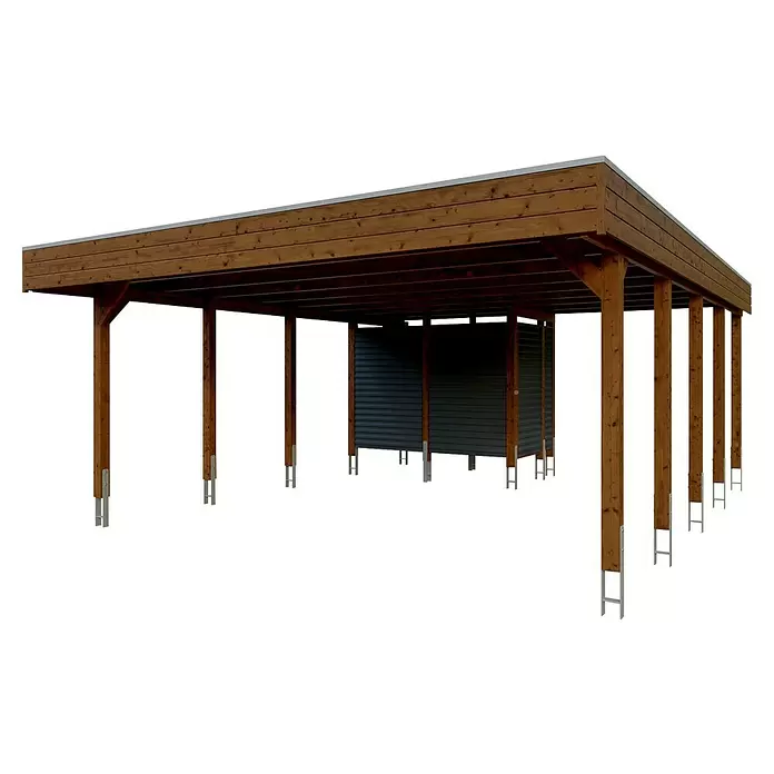 SKAN HOLZ Carport - Außenmaß inkl. Dachüberstand (B x T): 5,57 x 7,08 m, Doppelcarport, Nussbaum - Braunes Holz-Carport mit grauem Metalldach und integriertem dunkelgrauen Wellblech-Lagerschuppen.