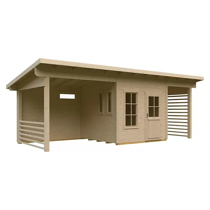 SKAN HOLZ Gartenhaus Namur - Außenmaß inkl. Dachüberstand (B x T): 750 x 315 cm, Holz, Natur - Helles Holzgartenhaus mit überdachtem Anbau, Fenstern und Tür.
