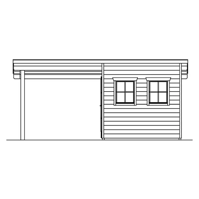 SKAN HOLZ Gartenhaus Dilbeek - Außenmaß inkl. Dachüberstand (B x T): 553 x 380 cm, Holz, Natur - Strichzeichnung eines Schuppens mit offenem Carport und zwei Fenstern an einer Verkleidungswand.