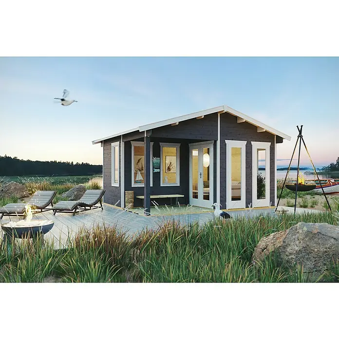 SKAN HOLZ Gartenhaus Utrecht - Außenmaß inkl. Dachüberstand (B x T): 520 x 440 cm, Holz, Schiefergrau - Ein gemütliches Blockhaus mit Außenbereich am Seeufer, ideal für entspannte Stunden in der Natur.