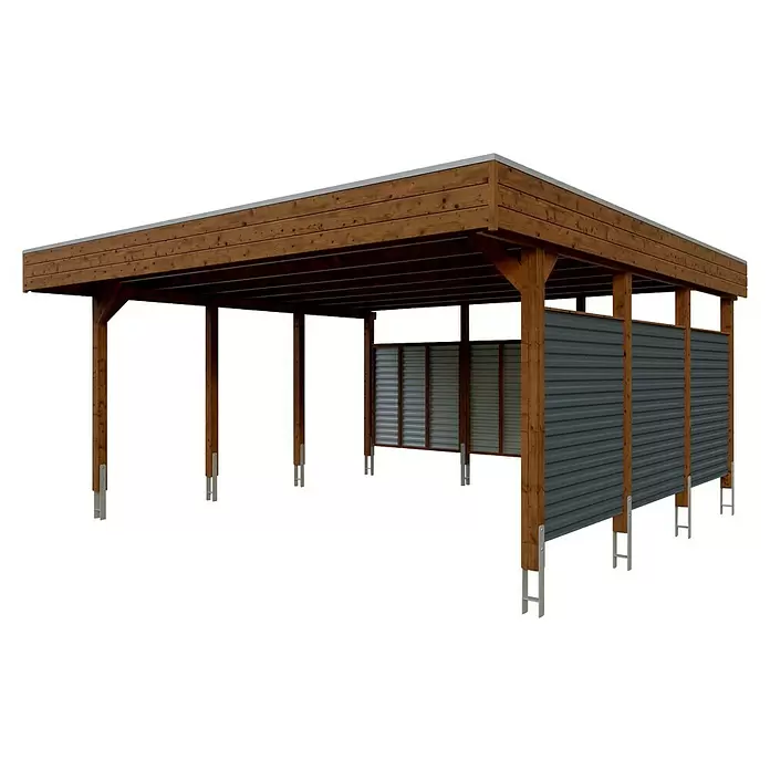 SKAN HOLZ Carport - Außenmaß inkl. Dachüberstand (B x T): 5,57 x 5,55 m, Doppelcarport, Nussbaum - Hölzernes Carport mit Flachdach und grauen Wellblechwandpaneelen.
