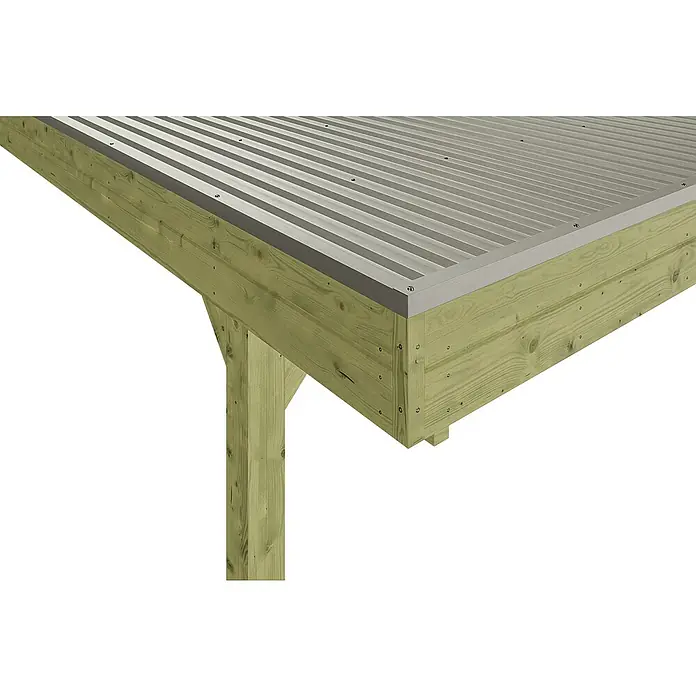 SKAN HOLZ Carport Friesland Hybrid Set 11 - Außenmaß inkl. Dachüberstand (B x T): 3,14 x 5,55 m, Einzelcarport, KDI Grün, Mit Rück- und Seitenwand - Nahaufnahme einer grünen Holzpergola mit grauem Metalldach. Die Struktur zeigt Schrauben und saubere Linien im Design.
