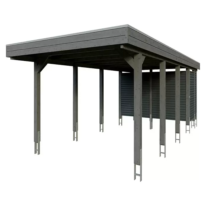 SKAN HOLZ Carport Friesland Hybrid Set 12 - Außenmaß inkl. Dachüberstand (B x T): 3,14 x 7,08 m, Einzelcarport, Schiefergrau - Grauer Holz-Carport mit Lattenseitenwänden und Metallpfostenankern.