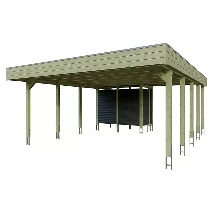 SKAN HOLZ Carport - Außenmaß inkl. Dachüberstand (B x T): 5,57 x 7,08 m, Doppelcarport, KDI Grün - Holzcarport mit integriertem Schuppen aus dunklem Wellblech, mit hellgrünem Holzrahmen und Metallpfostenankern.