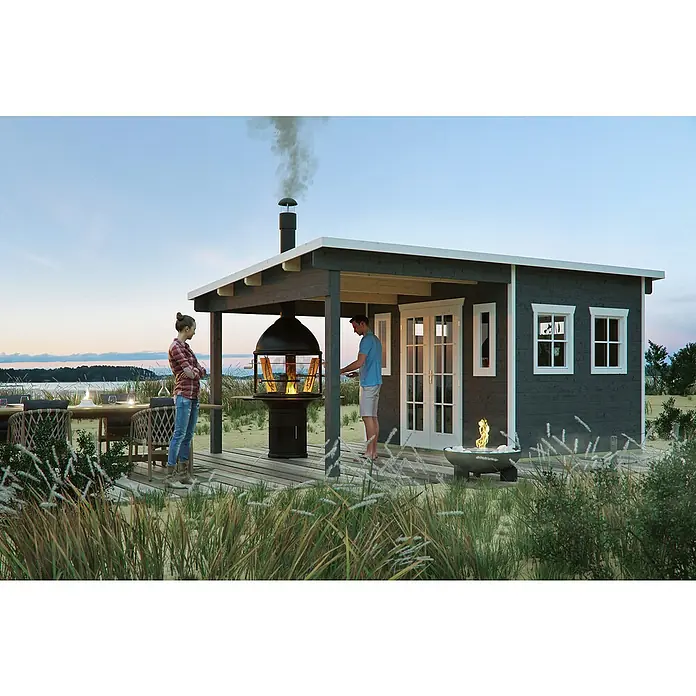 Skan Holz Gartenhaus DilbeekAußenmaß inkl. Dachüberstand (B x T): 553 x 380 cm, Holz, Schiefergrau - Grillkota mit Holzkohlegrill und Feuerstelle. Die Grillhütte mit zwei Personen und Möbeln auf der Terrasse bietet eine gemütliche Atmosphäre.
