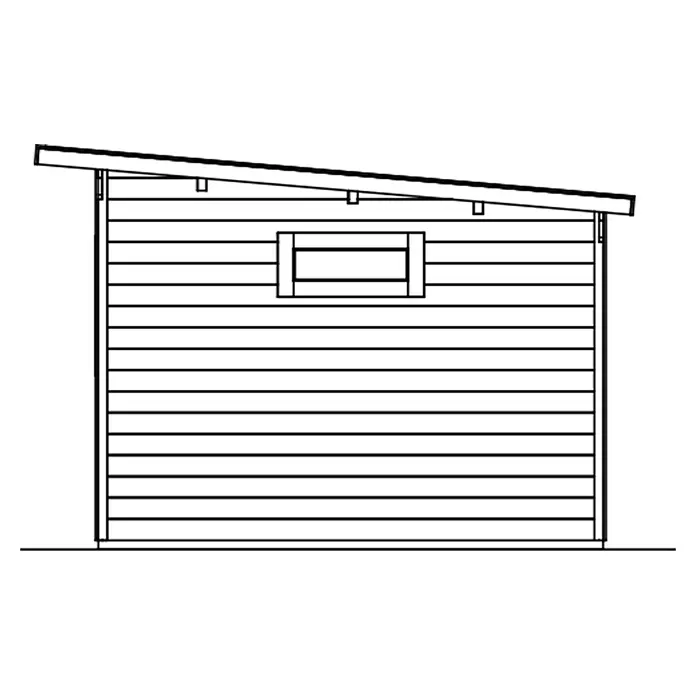 SKAN HOLZ Gartenhaus Dilbeek - Außenmaß inkl. Dachüberstand (B x T): 553 x 380 cm, Holz, Natur - Seitenansicht eines Holzschuppens mit Pultdach, horizontaler Verkleidung und einem kleinen rechteckigen Fenster.