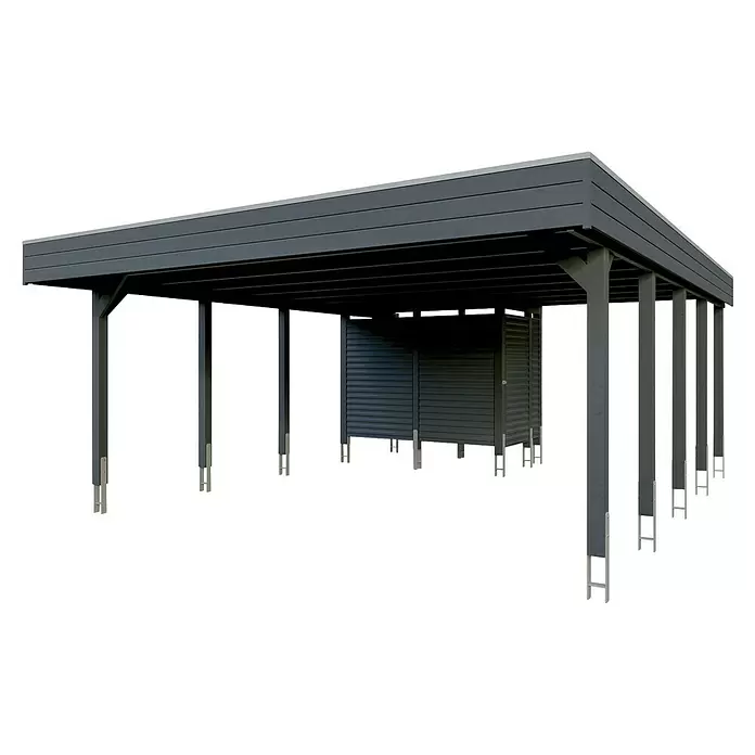 SKAN HOLZ Carport - Außenmaß inkl. Dachüberstand (B x T): 5,57 x 7,08 m, Doppelcarport, Anthrazit - Dunkelgrauer Holzcarport mit integriertem Geräteschuppen, horizontalen Lamellen und Metallpfostenankern.