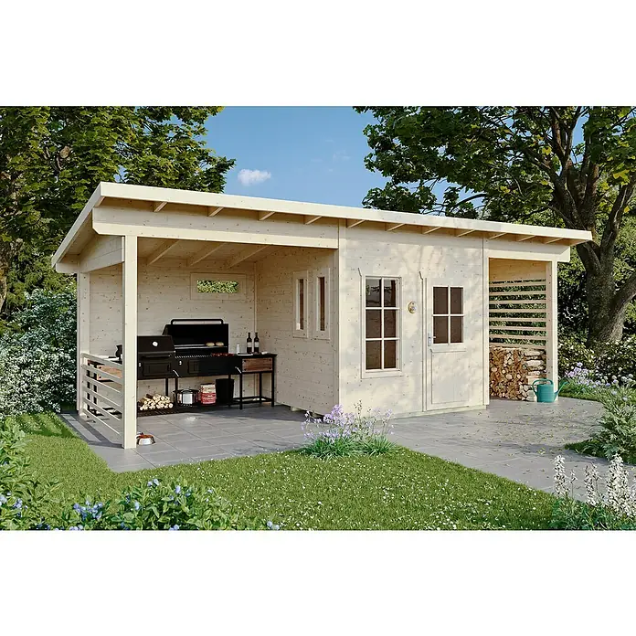 SKAN HOLZ Gartenhaus Namur - Außenmaß inkl. Dachüberstand (B x T): 750 x 315 cm, Holz, Natur - Ein helles Holz Gartenhaus mit Grillplatz, Holzlager und überdachter Terrasse. Ideal für entspannte Stunden im Freien.
